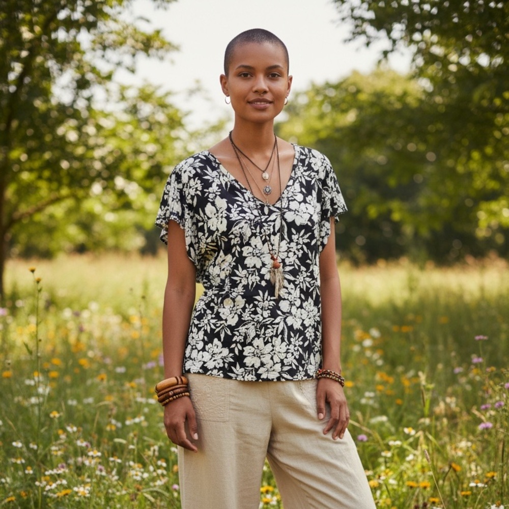 Lauren Ralph Lauren Black White Floral Top Stretch Rayon Blouse L